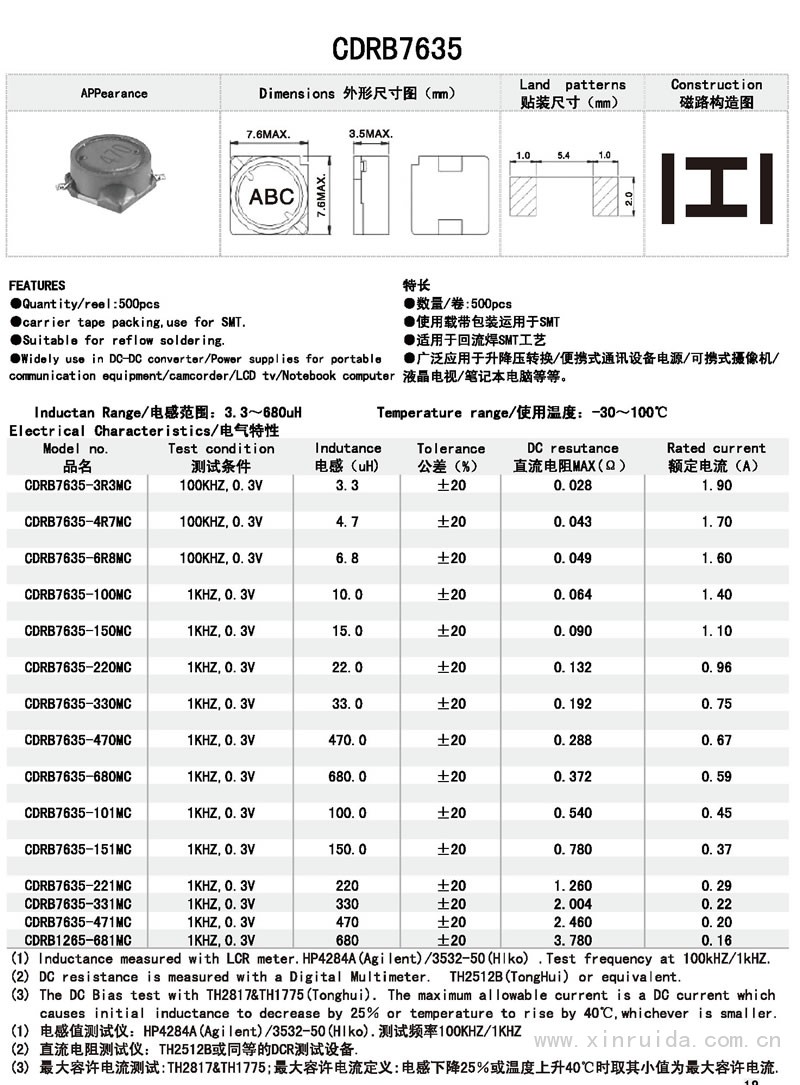 芯瑞達(dá)電子,CDRB7635電感,貼片電感,功率電感,繞線電感