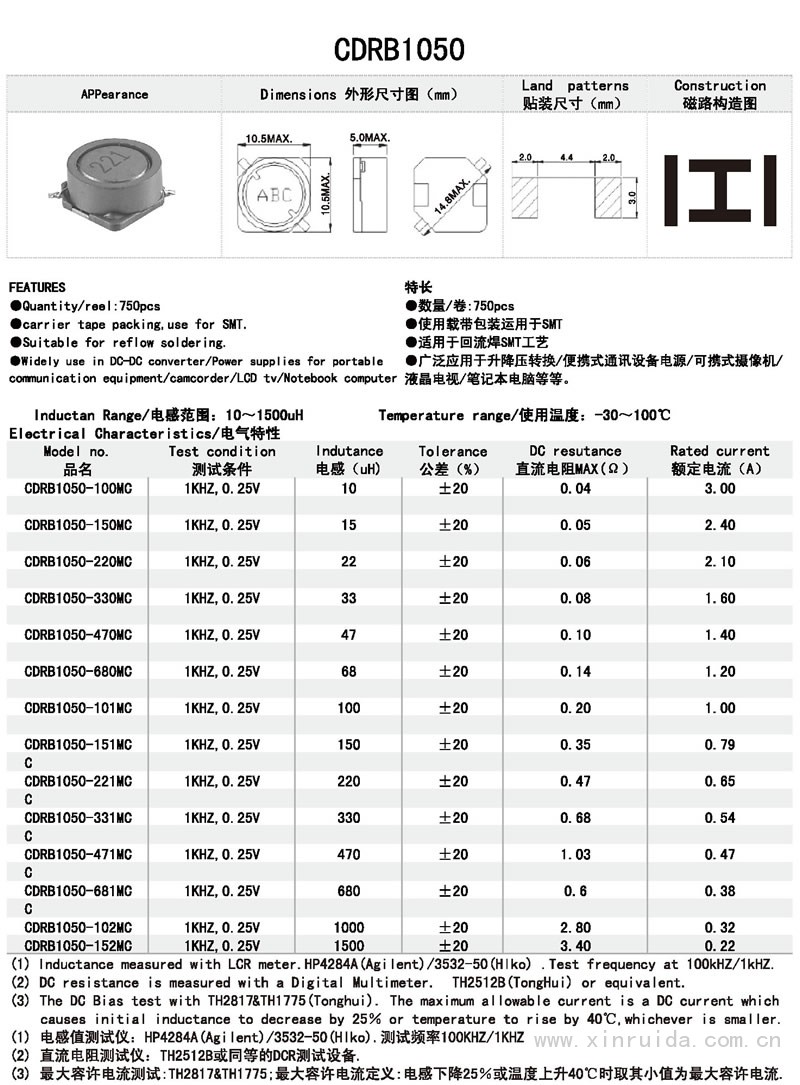 芯瑞達(dá)電子,CDRB1050電感,貼片電感,功率電感,繞線電感
