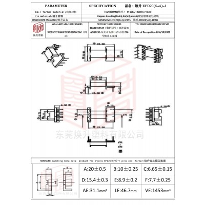 煥升塑料EFD20(5+4)-1高頻變壓器骨架磁芯BOBBIN圖紙
