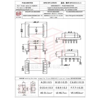 煥升塑料EFD20(6+5)-1高頻變壓器骨架磁芯BOBBIN圖紙