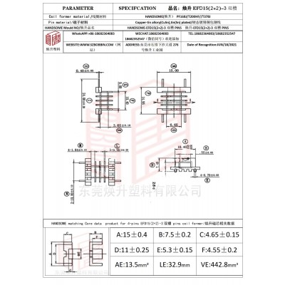 煥升塑料EFD15(2+2)-3雙槽高頻變壓器骨架磁芯BOBBIN圖紙