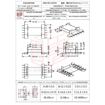 煥升塑料EFD30(6+6)-2平行針高頻變壓器骨架磁芯BOBBIN圖紙